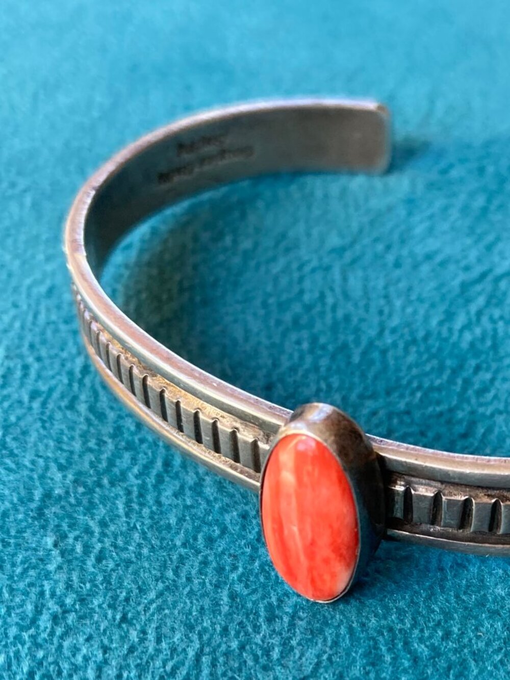 Sterling and Orange Spiny Oyster Navajo Cuff Bracelet SIGNED